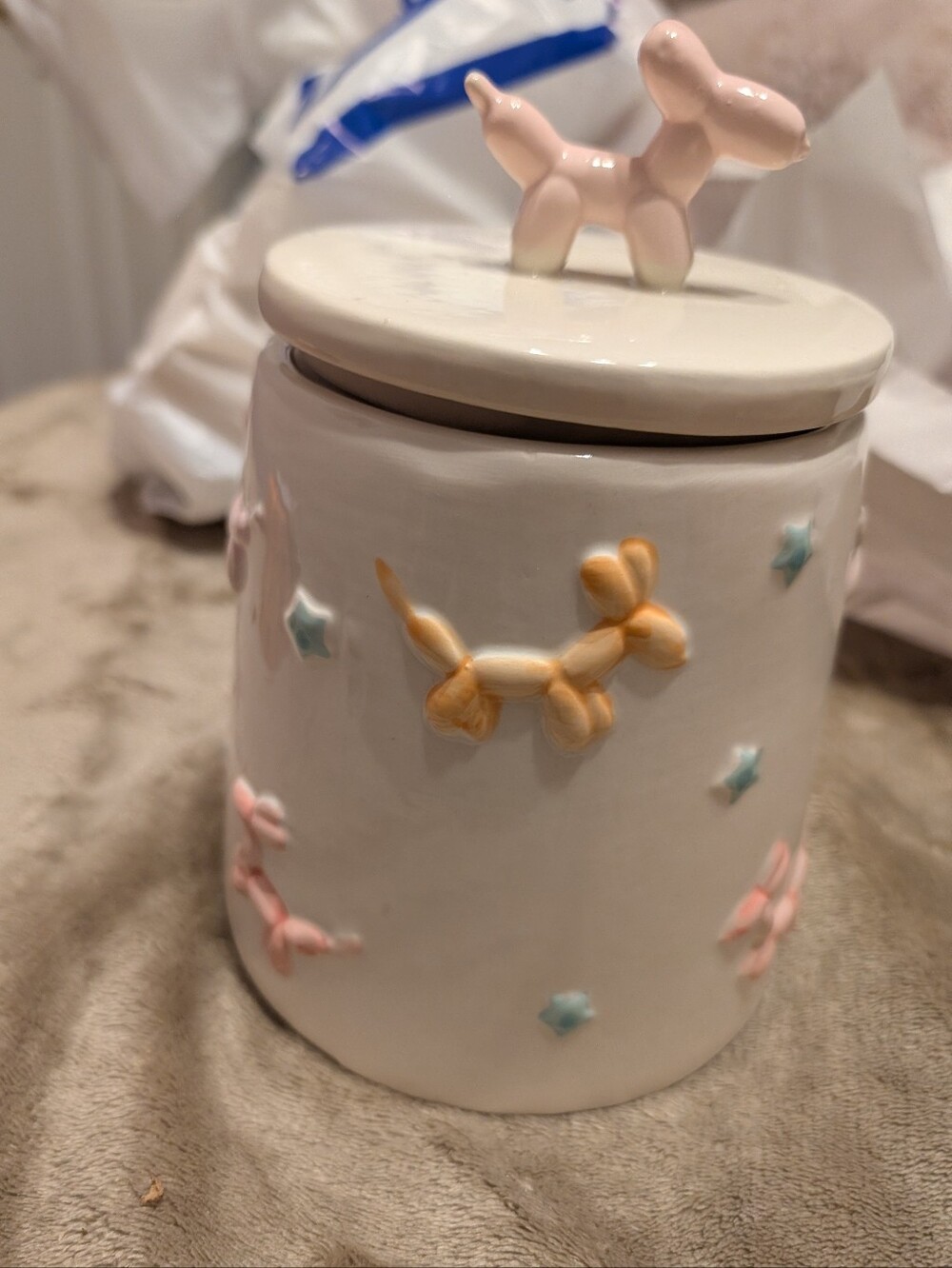 Ceramic Balloon Dog Canister - Pastel Pink & Yellow